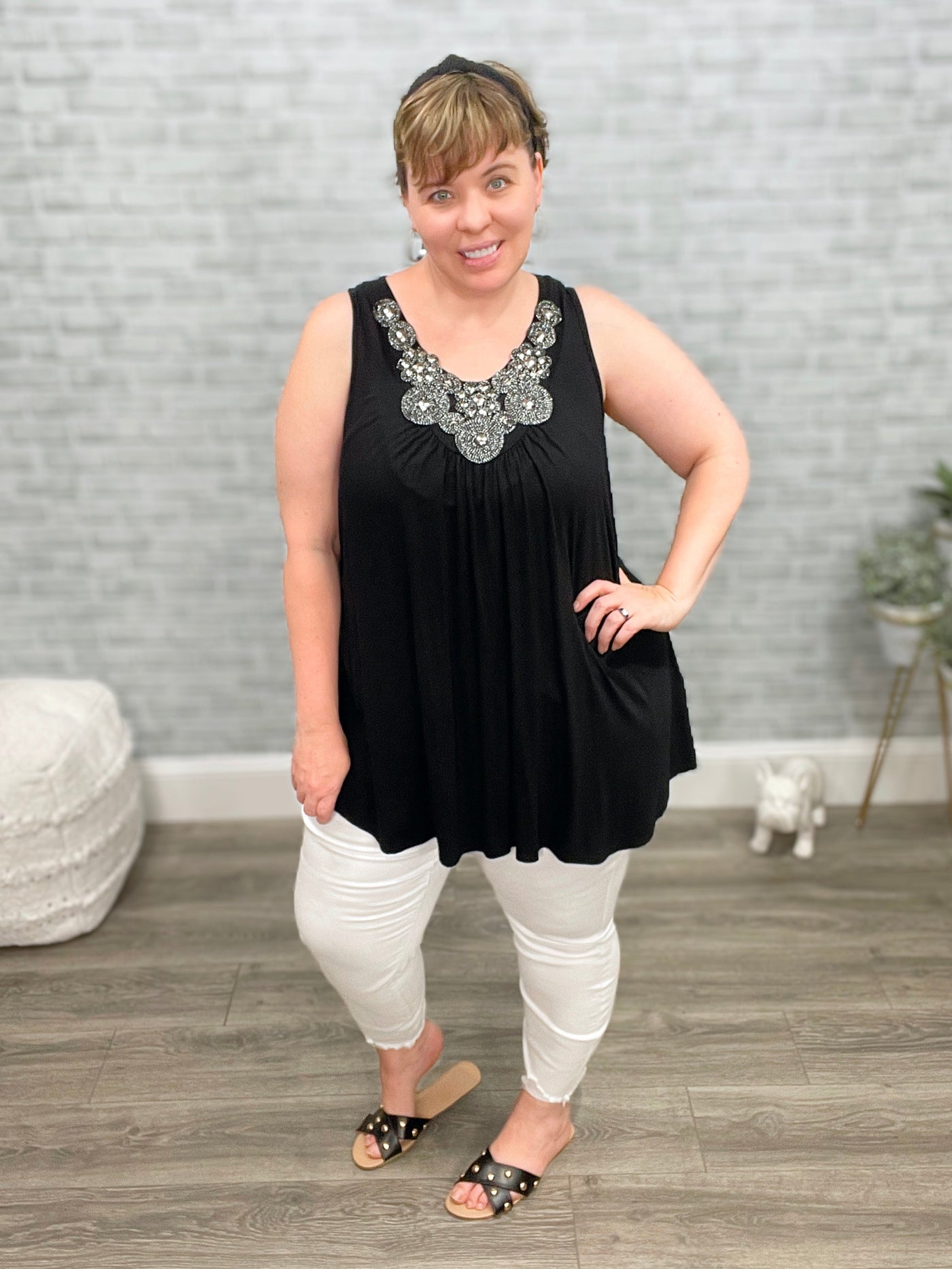 Sparkle and Shine Black Tank with Beaded Neck Detail