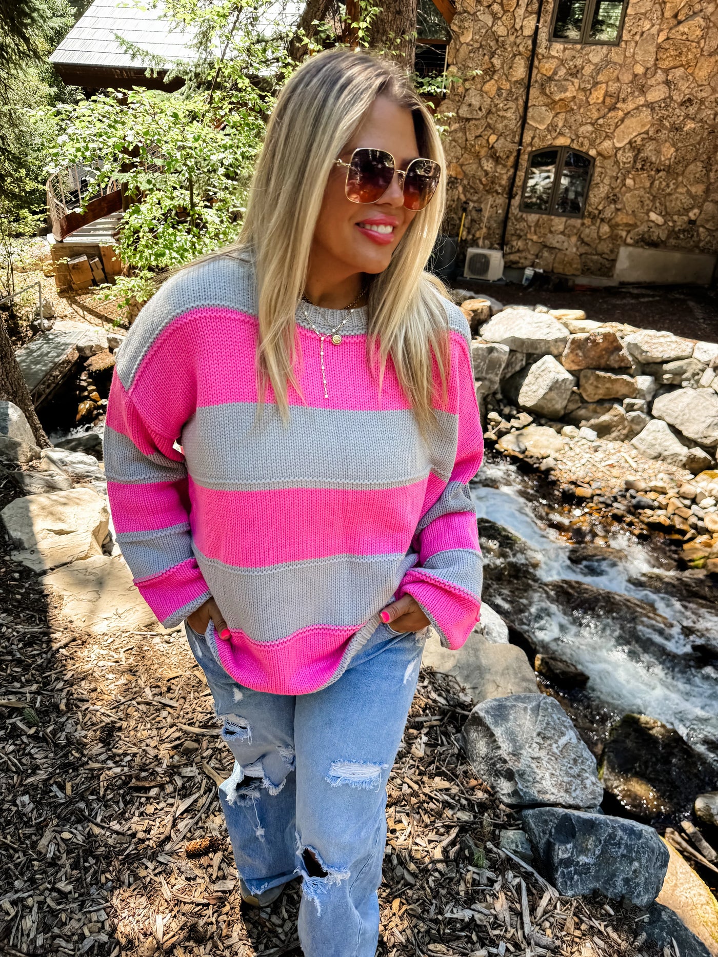 Kadie Pink & Gray Stripe Knit Sweater by Blakeley