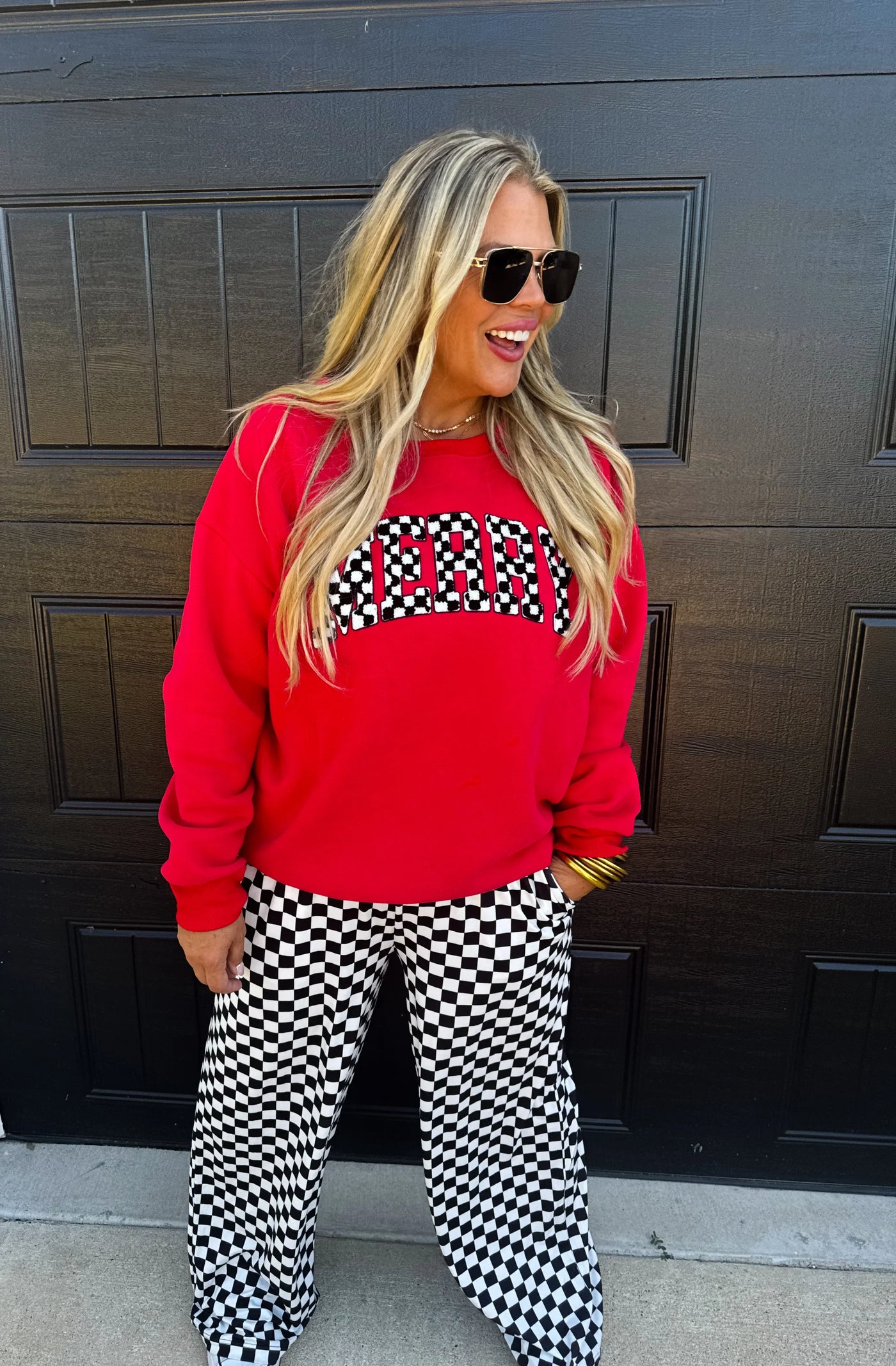 Blakeley Sherpa Checkered Patch Letters "Merry" Sweatshirt