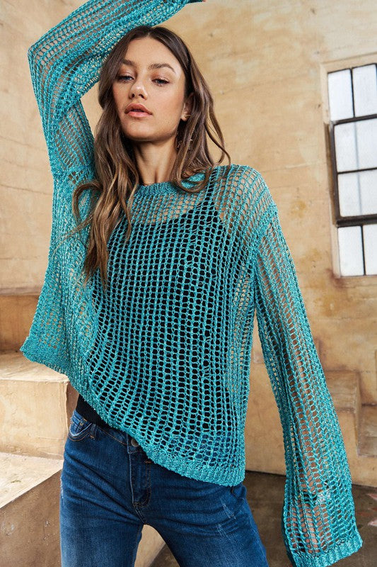 Jade Metallic Fishnet Open Knit Top with Lurex