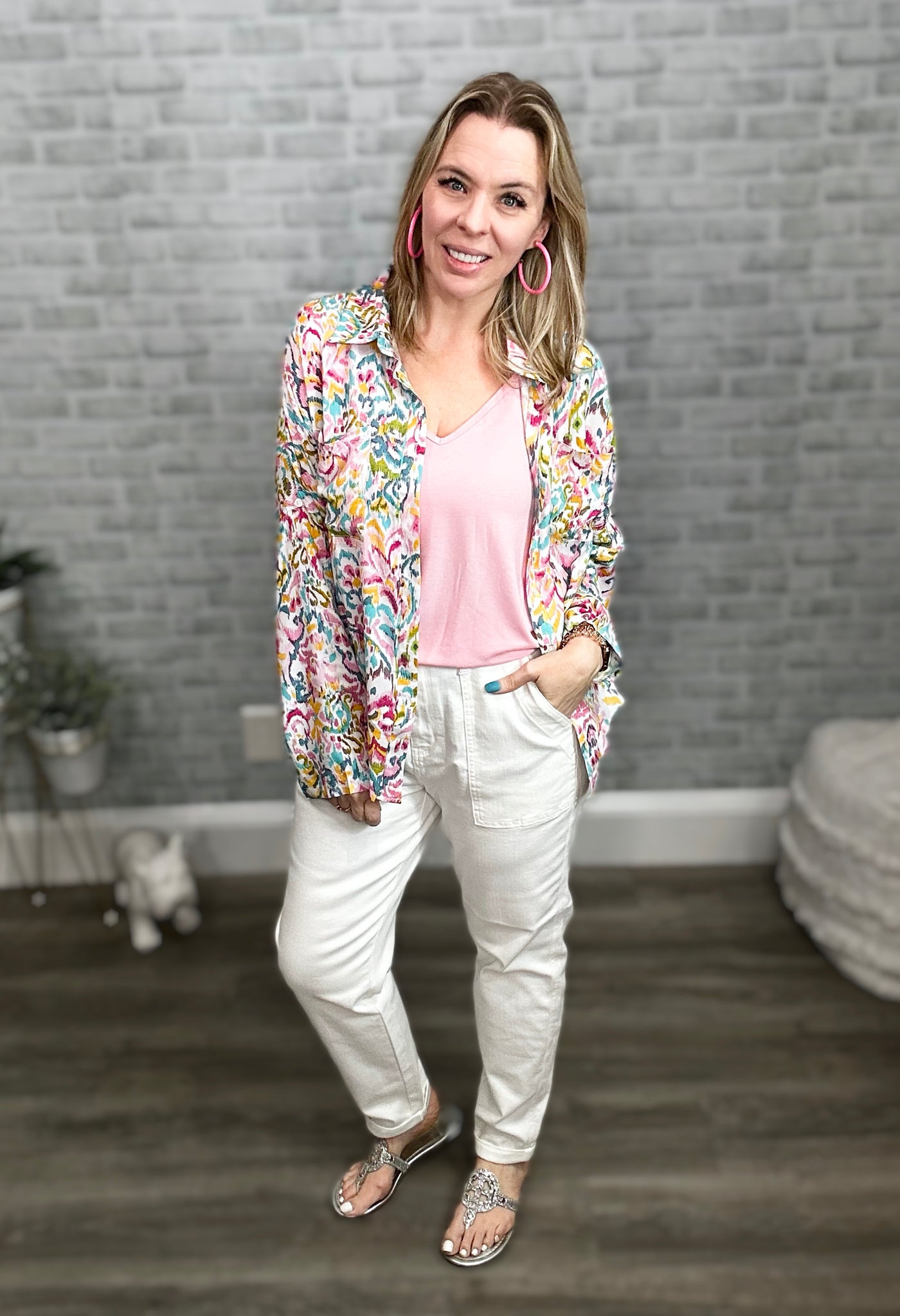 Multi Color Abstract Floral Button Down Top - Emily Wonder