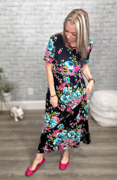 Short Sleeve Black with Bright Floral Maxi Dress with Pockets