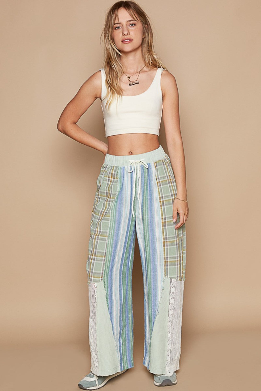 POL Drawstring Multi Print Plaid Lace Wide Leg Pants