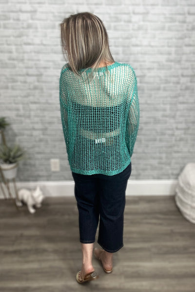 Jade Metallic Fishnet Open Knit Top with Lurex