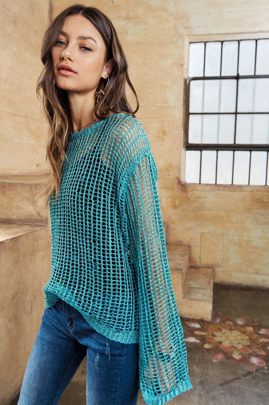 Jade Metallic Fishnet Open Knit Top with Lurex