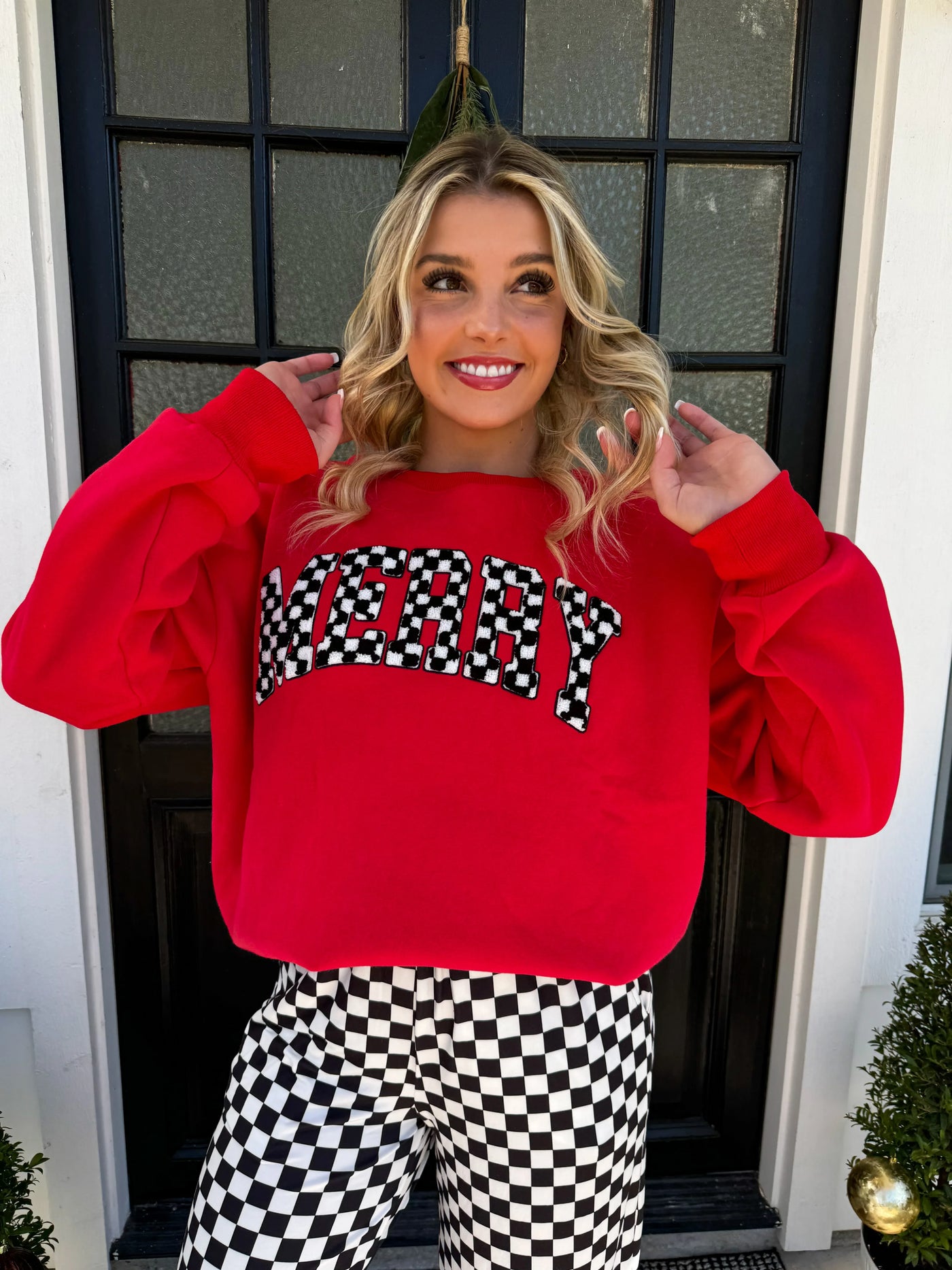 Blakeley Sherpa Checkered Patch Letters "Merry" Sweatshirt