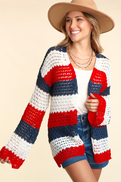 Red, White & Blue Stripe Open Knit Cardigan