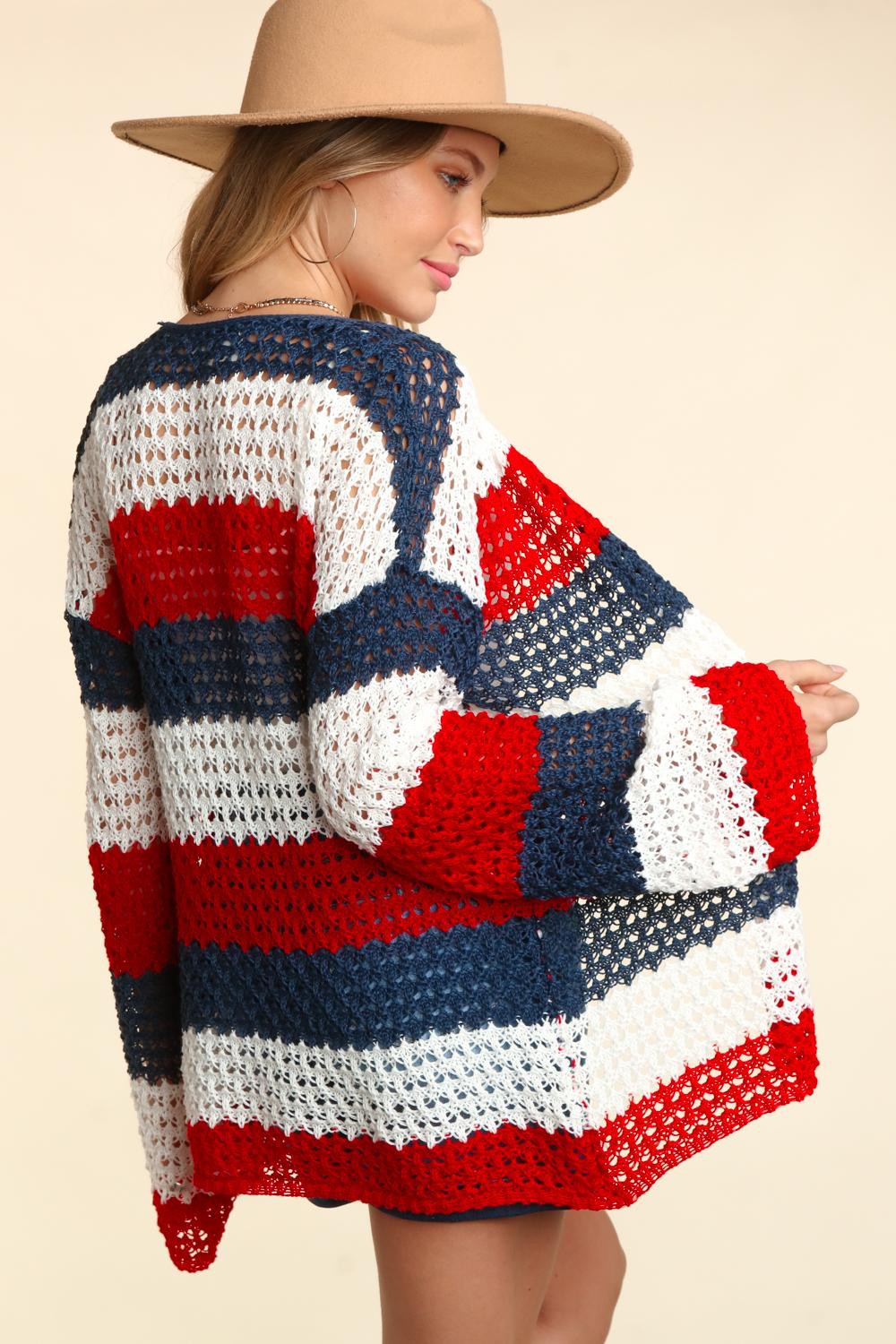 Red, White & Blue Stripe Open Knit Cardigan