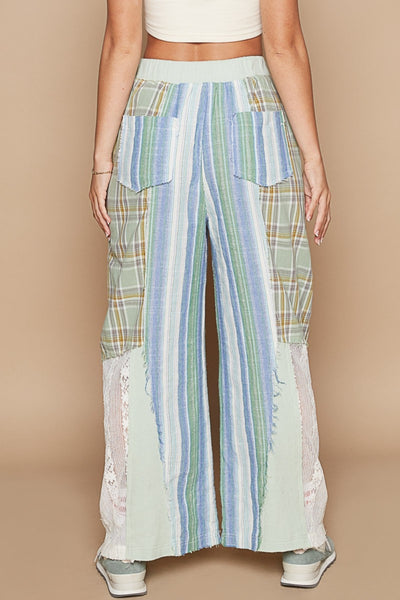 POL Drawstring Multi Print Plaid Lace Wide Leg Pants