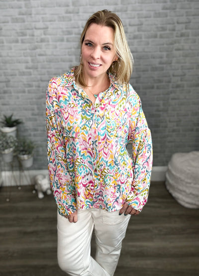 Multi Color Abstract Floral Button Down Top - Emily Wonder