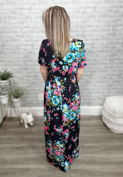 Short Sleeve Black with Bright Floral Maxi Dress with Pockets