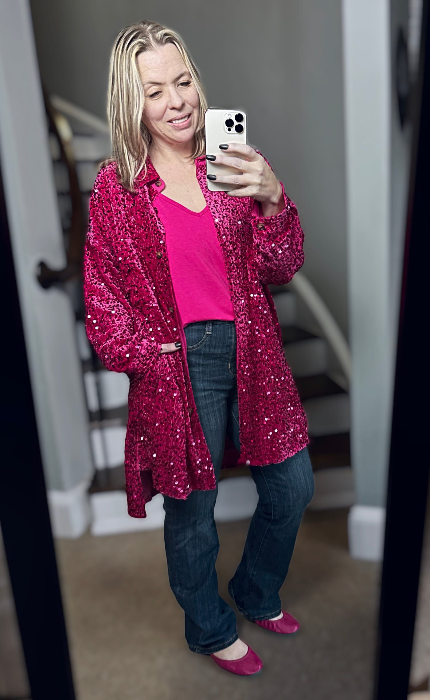 2 Colors - Sequins and Velvet Button Down Shirt Dress / Cardigan