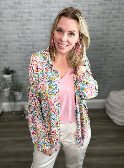 Multi Color Abstract Floral Button Down Top - Emily Wonder