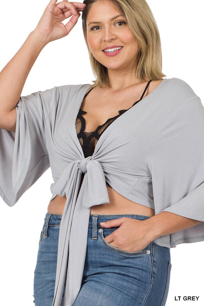 Tie Front Cropped Cardigan Top with Flowy Sleeves - 4 Colors