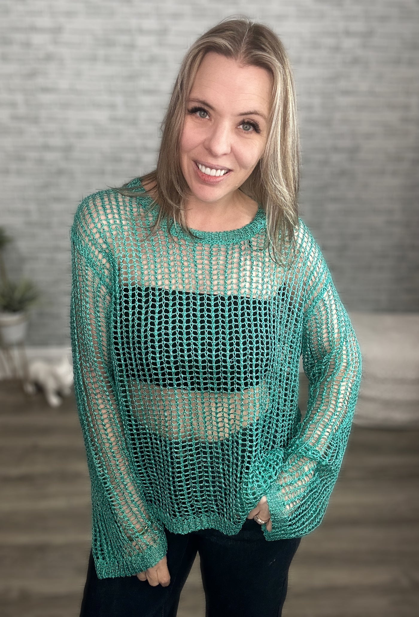 Jade Metallic Fishnet Open Knit Top with Lurex