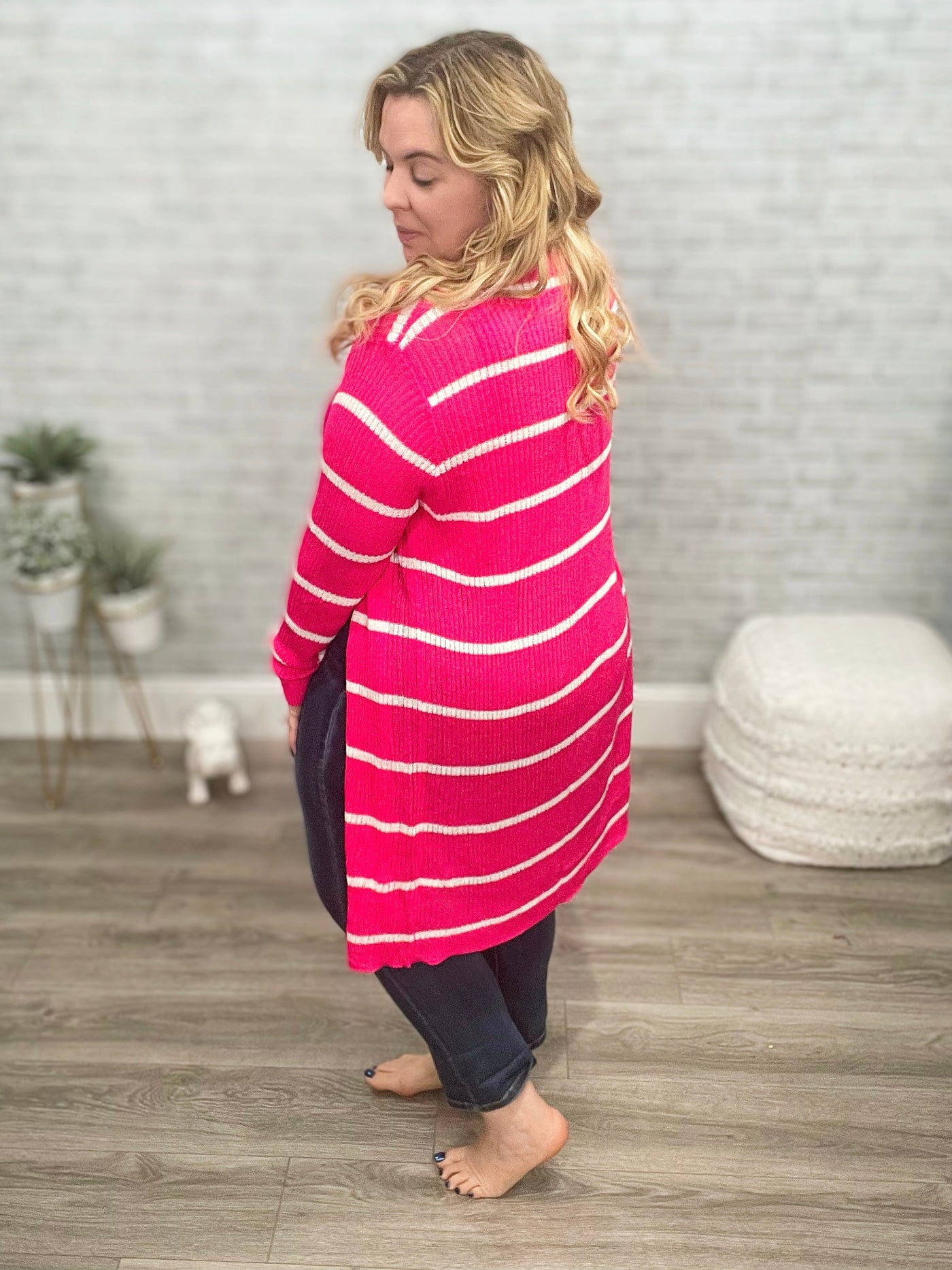 Hot Pink and White Striped Lightweight Cardigan - Jess Lea