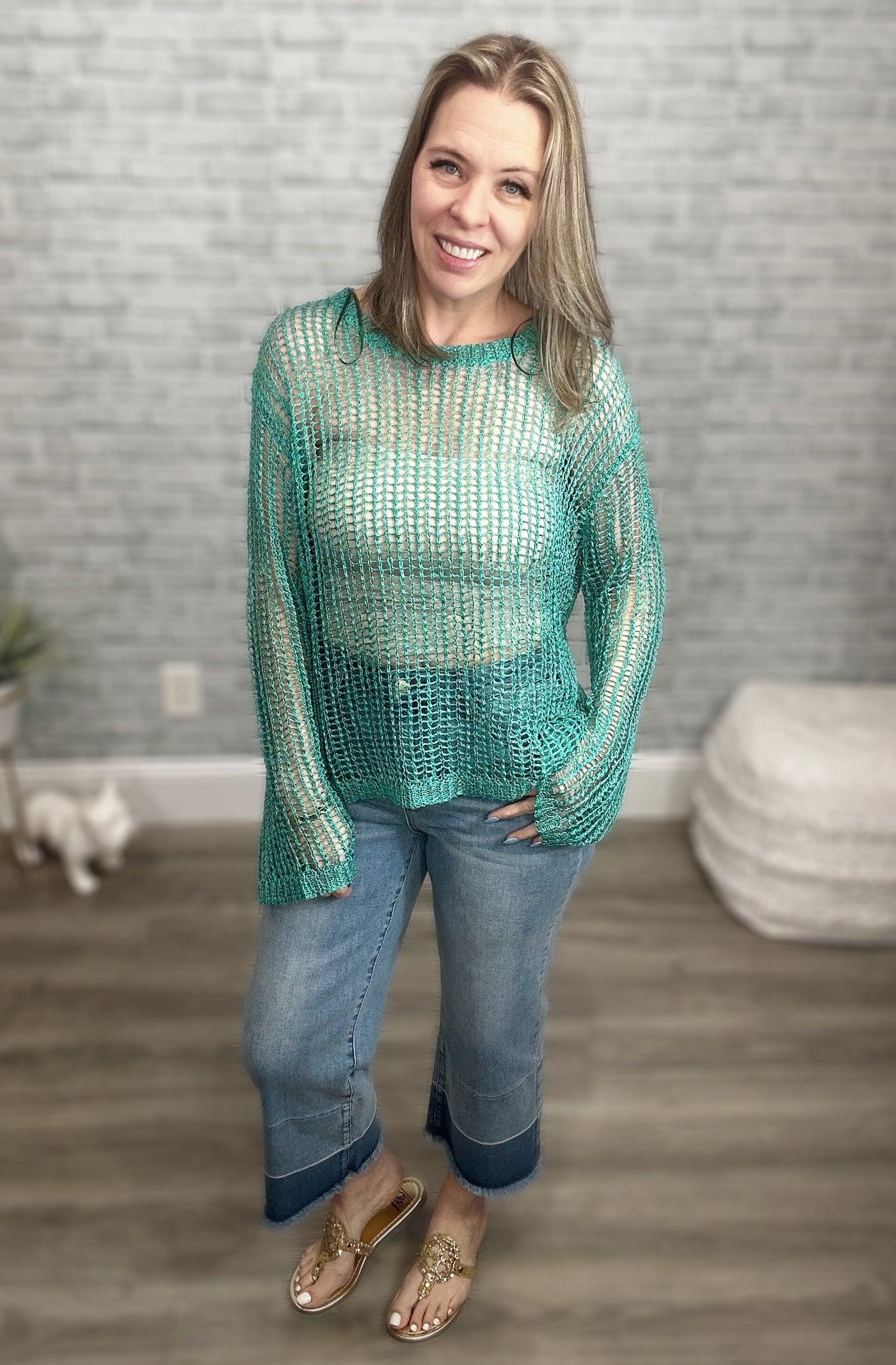 Jade Metallic Fishnet Open Knit Top with Lurex