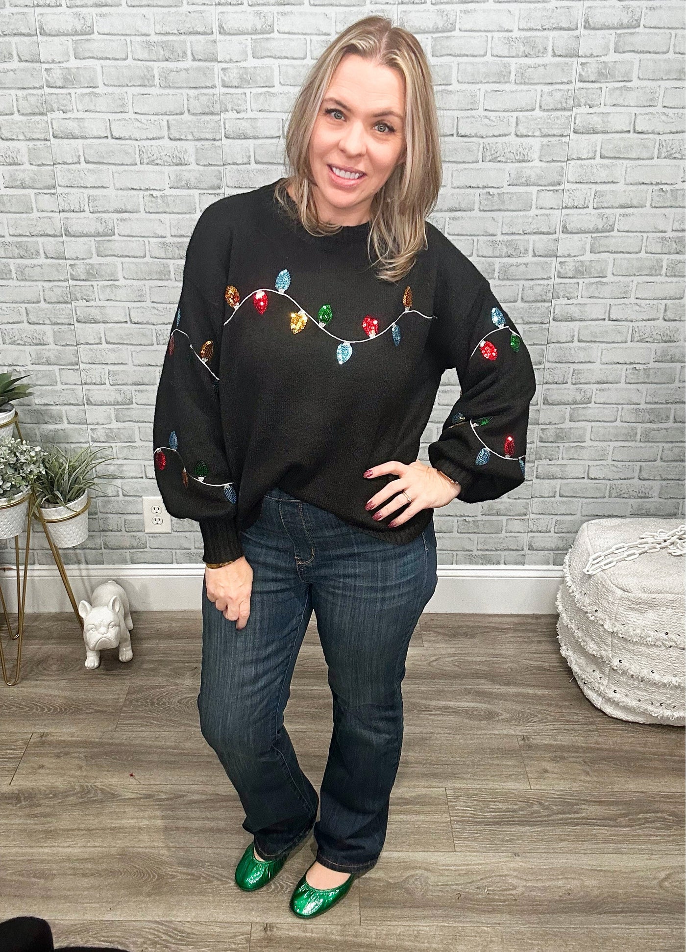 Black Christmas Lights Sequin Sweater