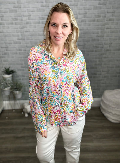 Multi Color Abstract Floral Button Down Top - Emily Wonder