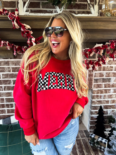 Blakeley Sherpa Checkered Patch Letters "Merry" Sweatshirt