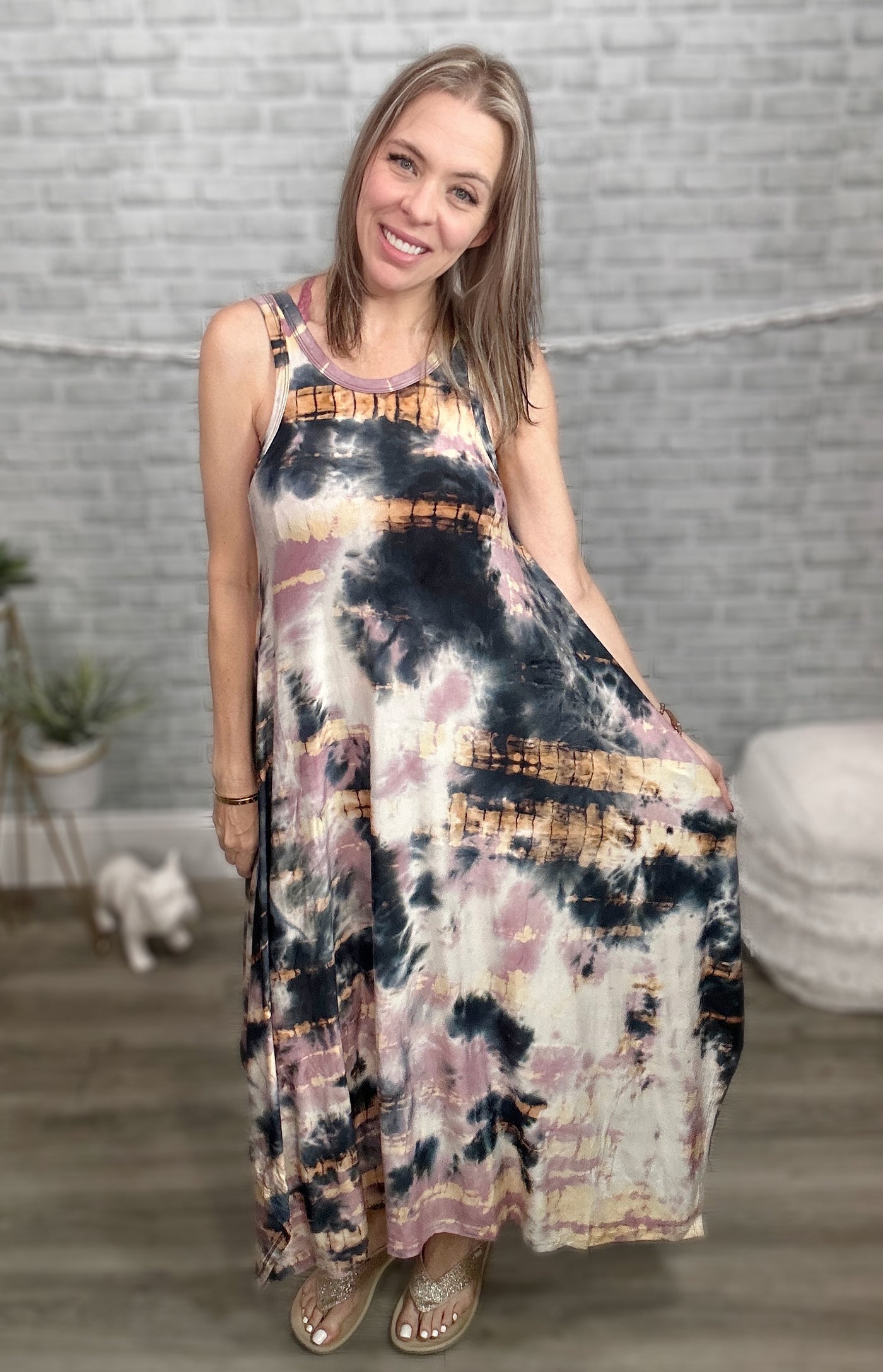 Flowy Super Soft Sleeveless Tie Dye Tank Dress - Mauve Ink