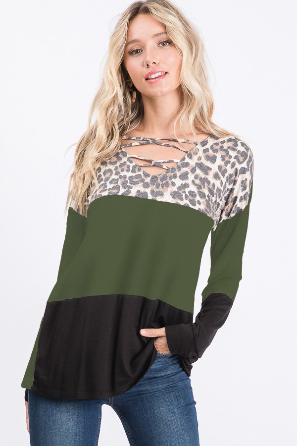 Olive and Black V-neck Animal Color-Block top with Criss-Cross Detail