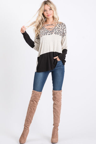 Olive and Black V-neck Animal Color-Block top with Criss-Cross Detail