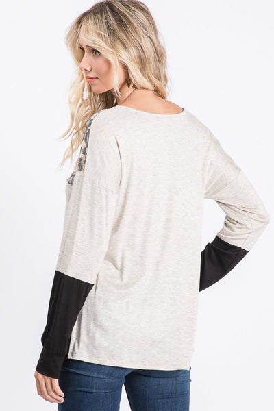 Olive and Black V-neck Animal Color-Block top with Criss-Cross Detail