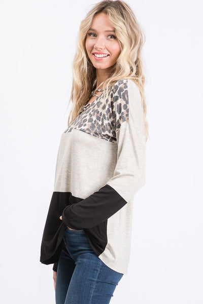 Olive and Black V-neck Animal Color-Block top with Criss-Cross Detail