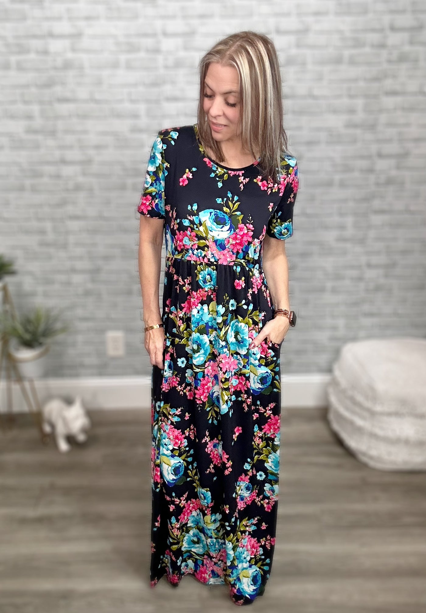 Short Sleeve Black with Bright Floral Maxi Dress with Pockets