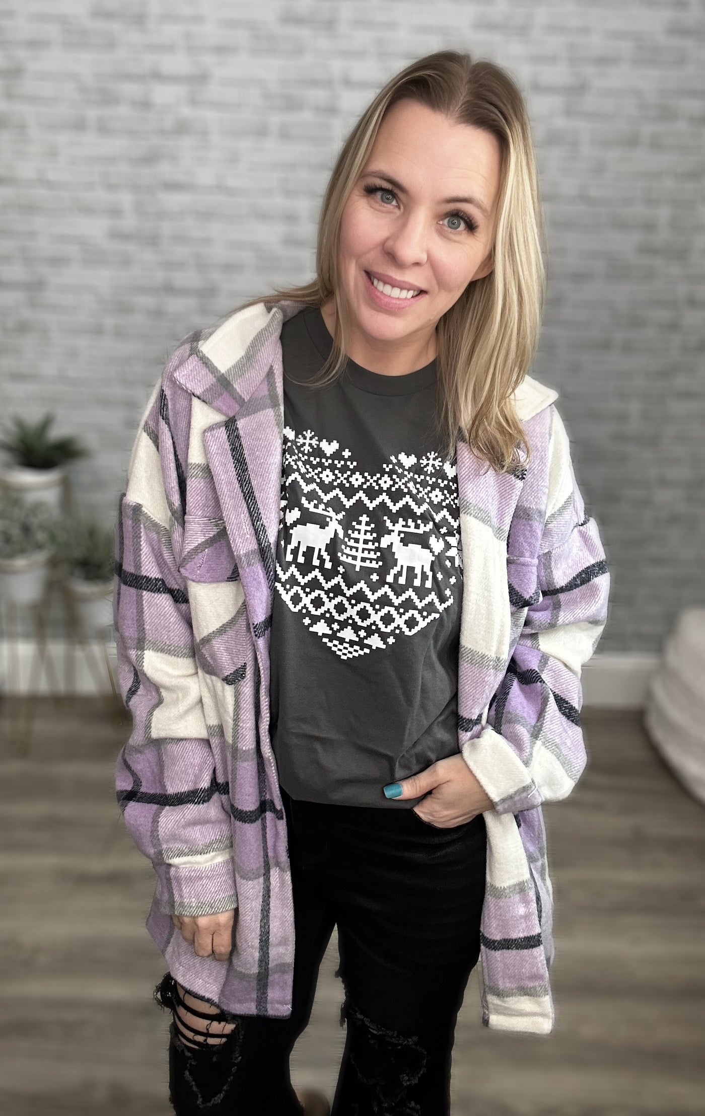 Winter Moose Heart Gray and White Graphic Tee