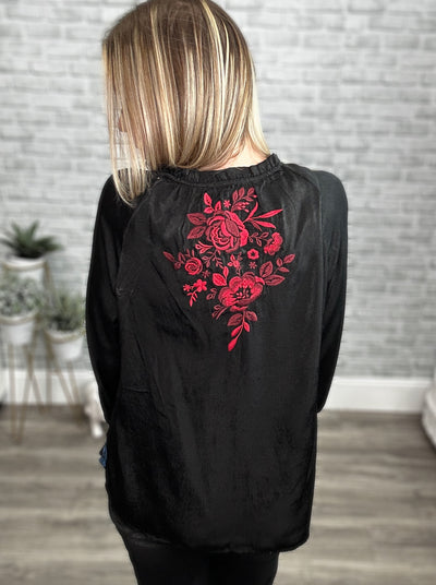 Black Tunic Top with Vibrant Floral Embroidery - Savannah Jane