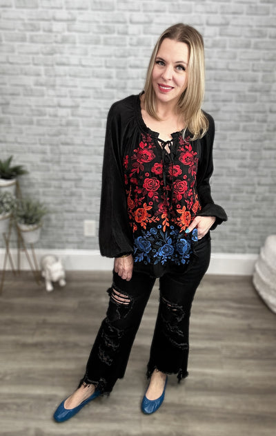 Black Tunic Top with Vibrant Floral Embroidery - Savannah Jane