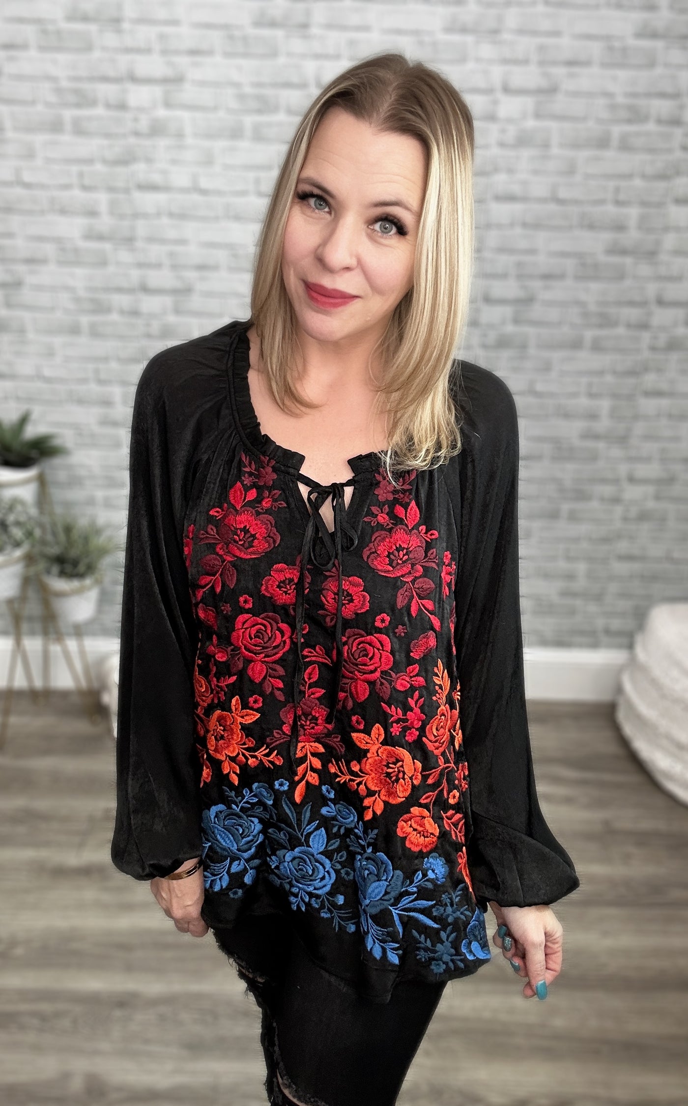 Black Tunic Top with Vibrant Floral Embroidery - Savannah Jane