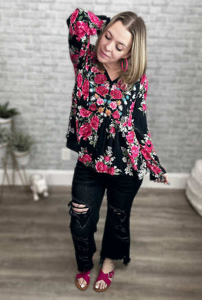 Pink Floral on Black with Gorgeous Embroidery Babydoll Top - Savannah Jane