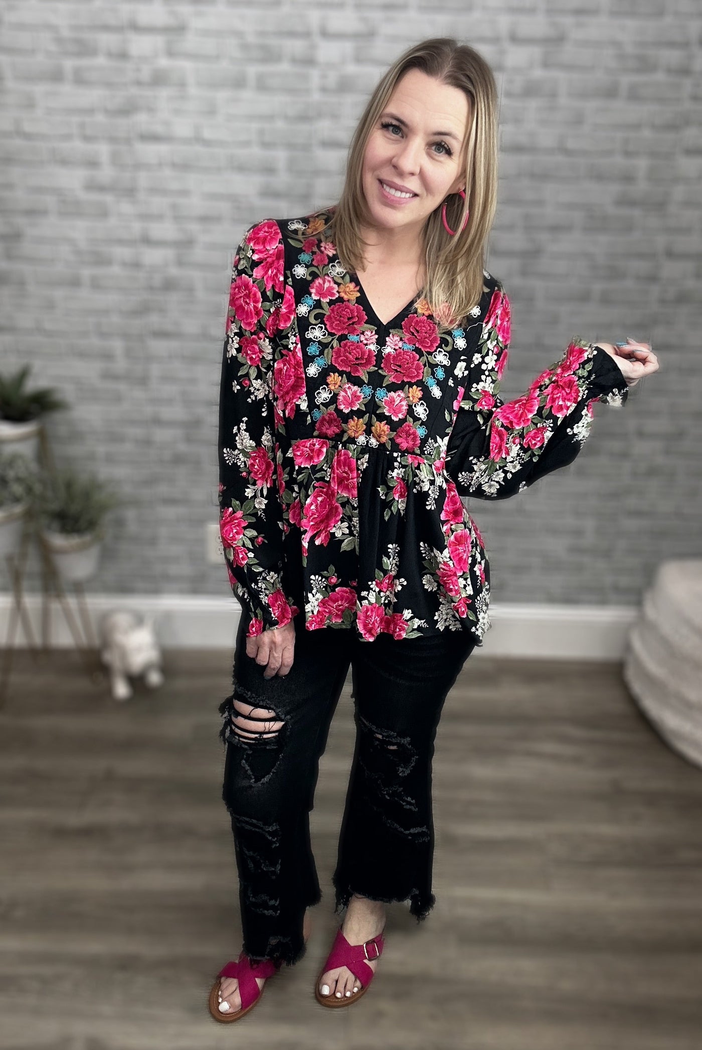 Pink Floral on Black with Gorgeous Embroidery Babydoll Top - Savannah Jane