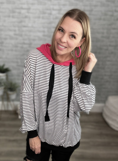 Black and White Stripes with Hot Pink Hood - Hoodie - Andree by Unit