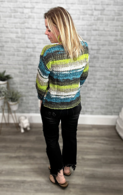 Lime Green & Teal Striped V-Neck Sweater