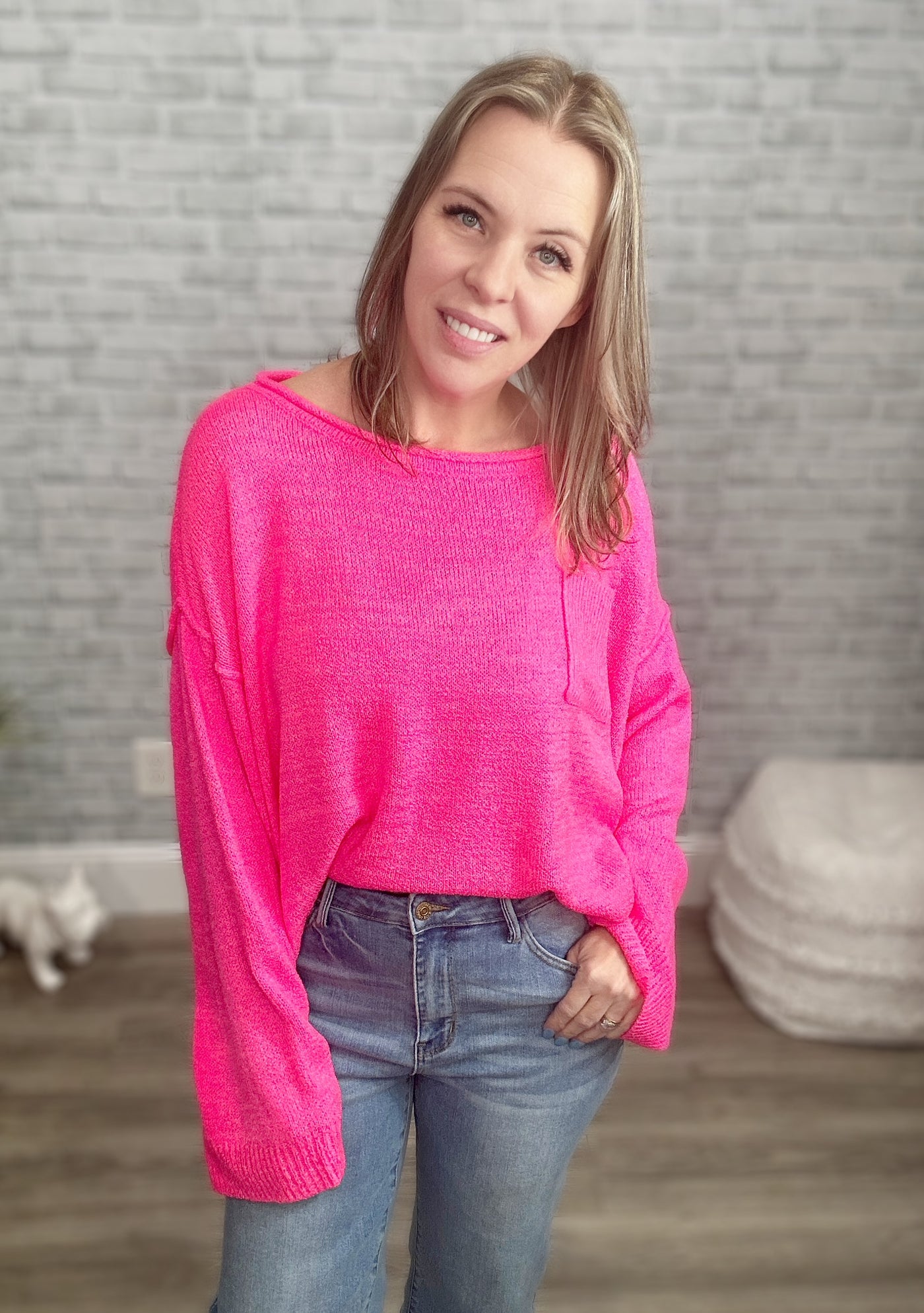 Hot Pink Lightweight Wide Neck Sweater