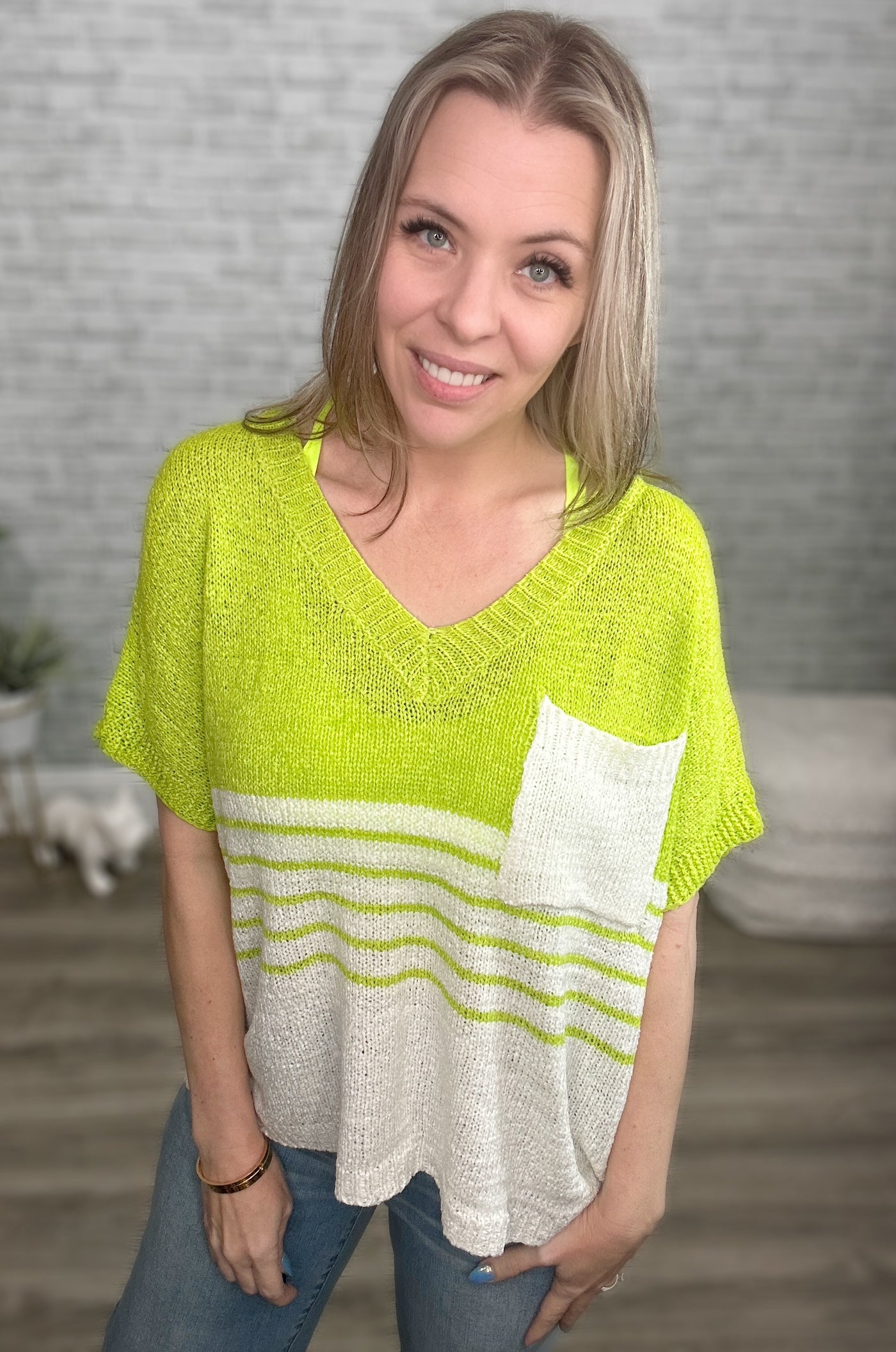 Neon Green & White Lightweight Summer Sweater