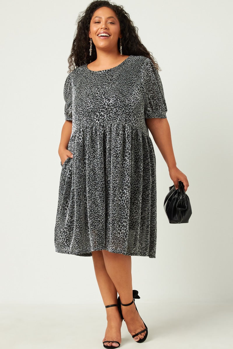 Black and Silver Metallic Animal Print Babydoll Dress