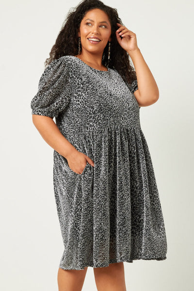 Black and Silver Metallic Animal Print Babydoll Dress