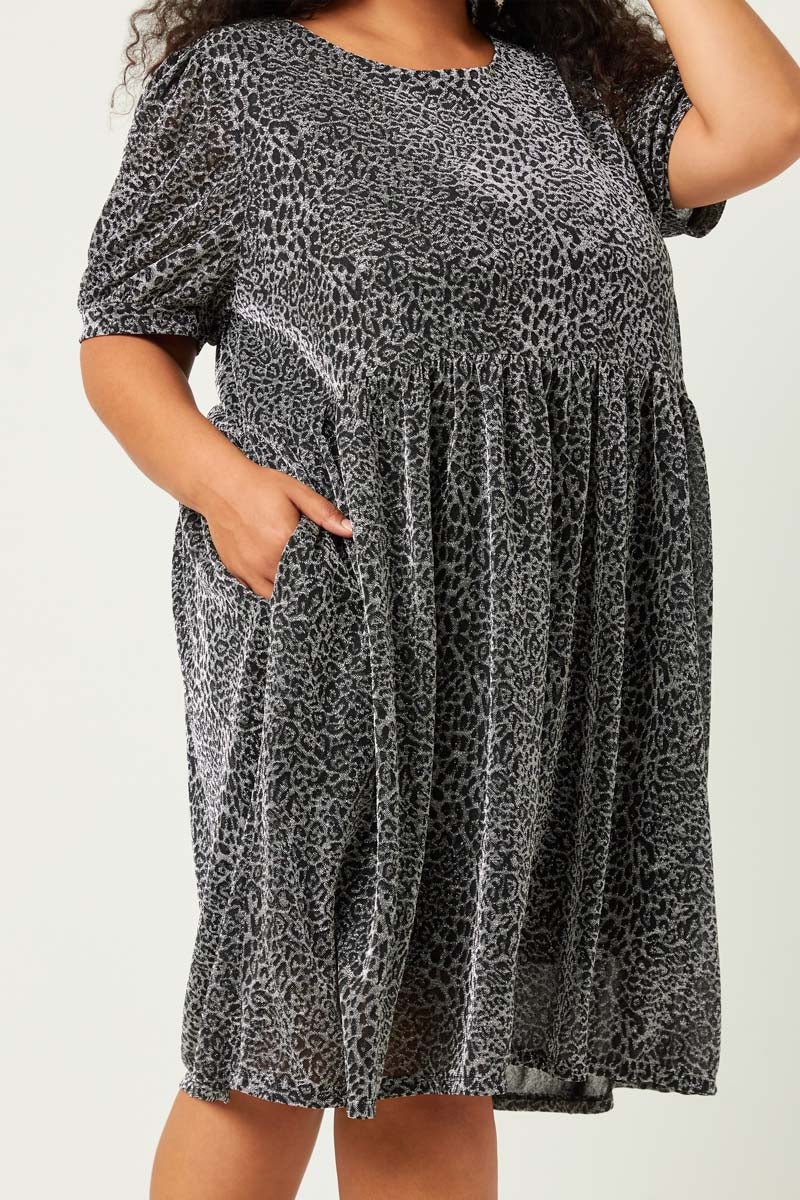 Black and Silver Metallic Animal Print Babydoll Dress