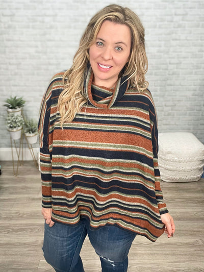 Navy, Rust, and Olive Oversized Striped Cowl Neck Boxy Top