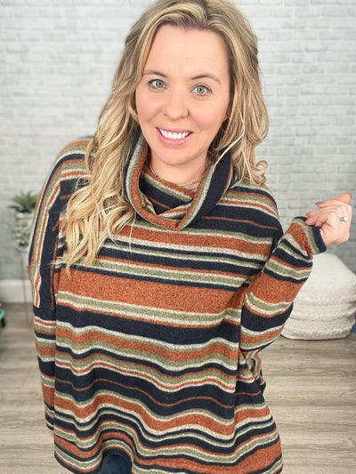 Navy, Rust, and Olive Oversized Striped Cowl Neck Boxy Top