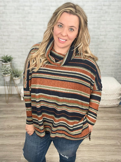 Navy, Rust, and Olive Oversized Striped Cowl Neck Boxy Top