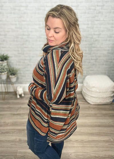 Navy, Rust, and Olive Oversized Striped Cowl Neck Boxy Top