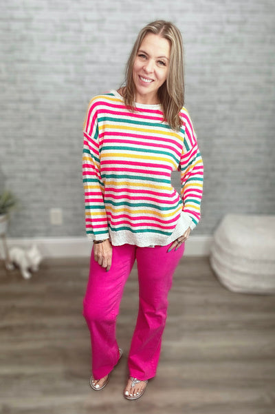 White Fuchsia Teal Striped Lightweight Summer Sweater