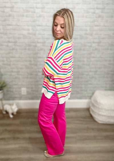 White Fuchsia Teal Striped Lightweight Summer Sweater