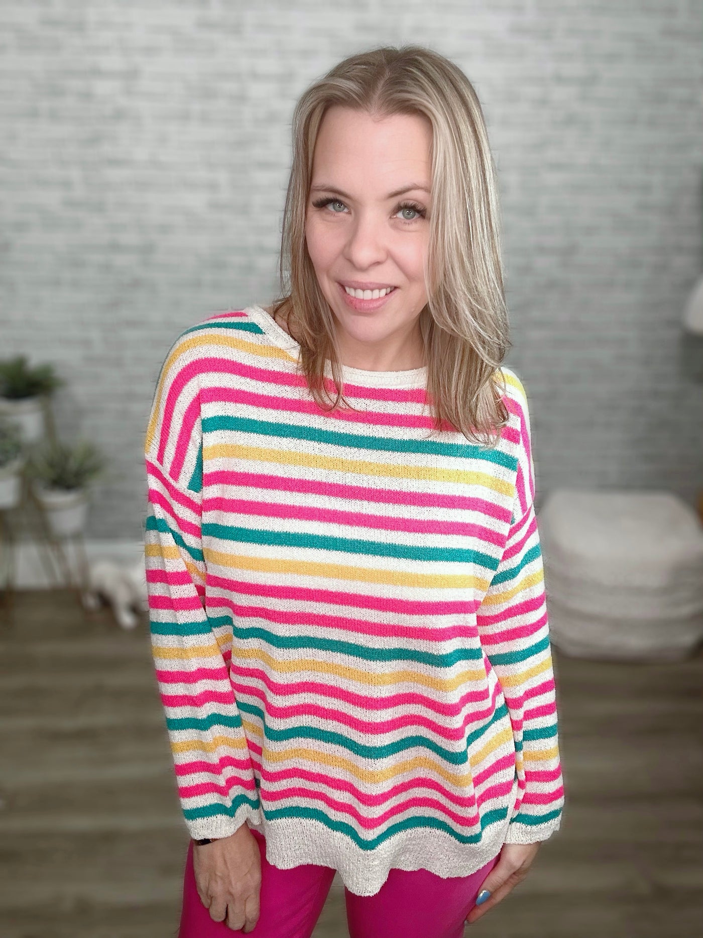 White Fuchsia Teal Striped Lightweight Summer Sweater